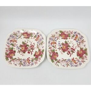 2 Copeland England Red "Spode's Aster" Square Salad Plates Gadroon 8.25" READ